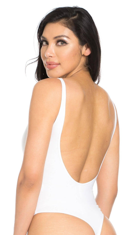Basic Open Back Thong Bodysuit in White - SohoGirl.com